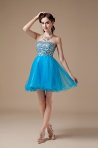 Brand New Teal A-line Strapless Organza Party with Shining Beading for Cheap